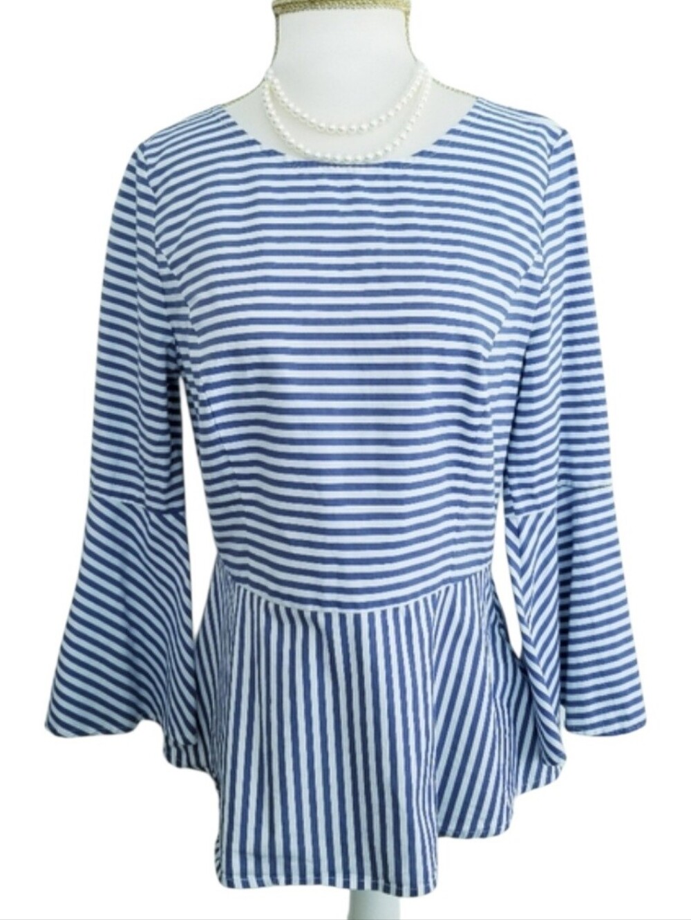White House Black Market Blue & White Striped Peplum Bell Sleeve Top Blouse